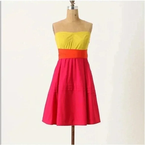 Maeve Parading Hues Anthro Pink Block Fit Flare Strapless Dress - Picture 2 of 7